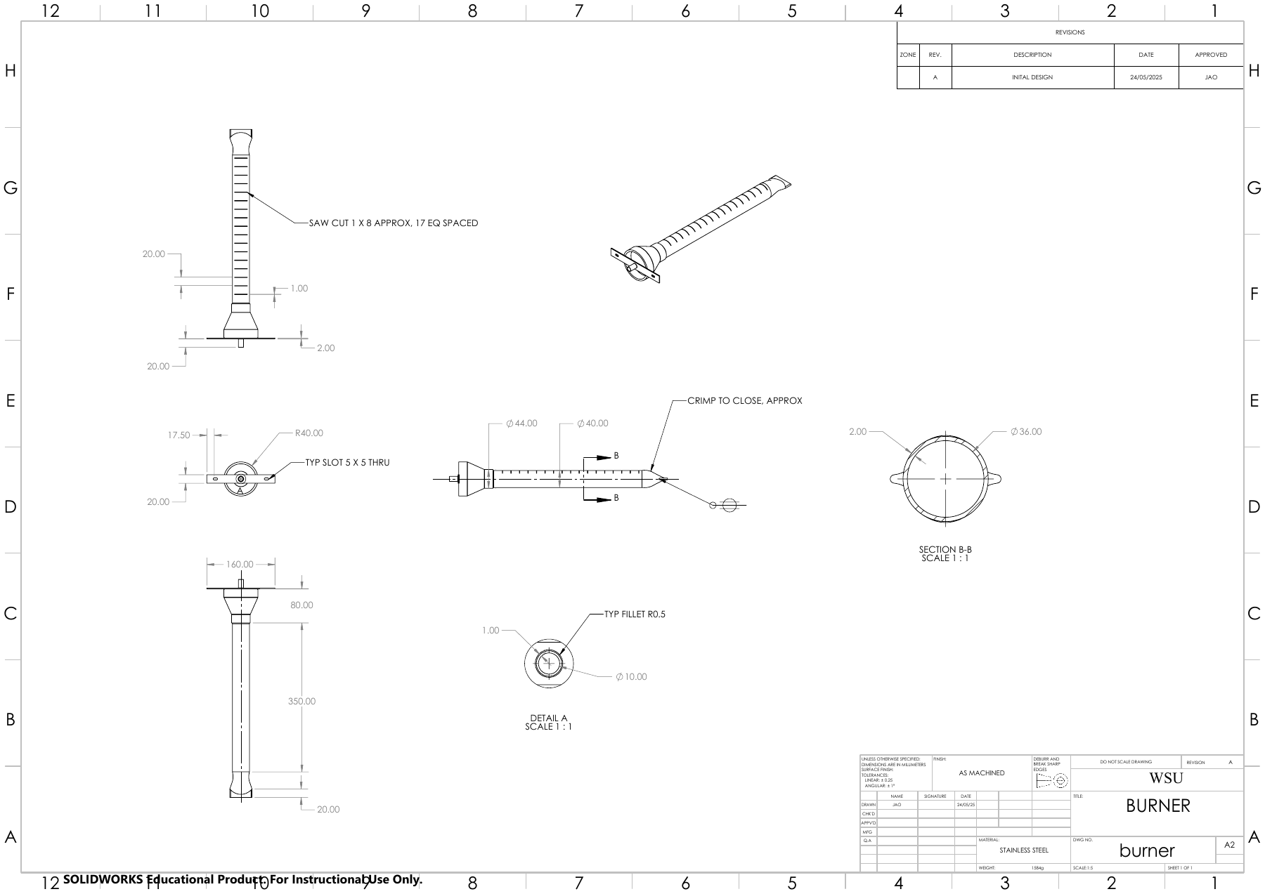 Drawing sheet: the burner, a stainless tube with saw-cut slots, dimensioned