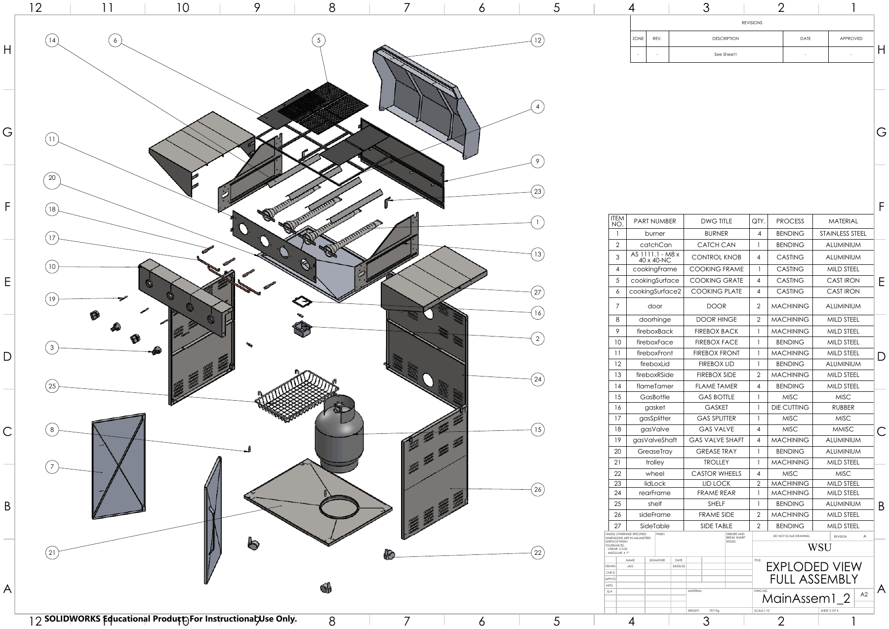 Drawing sheet: exploded view of the full assembly with a bill of materials listing part, drawing title, quantity, process and material