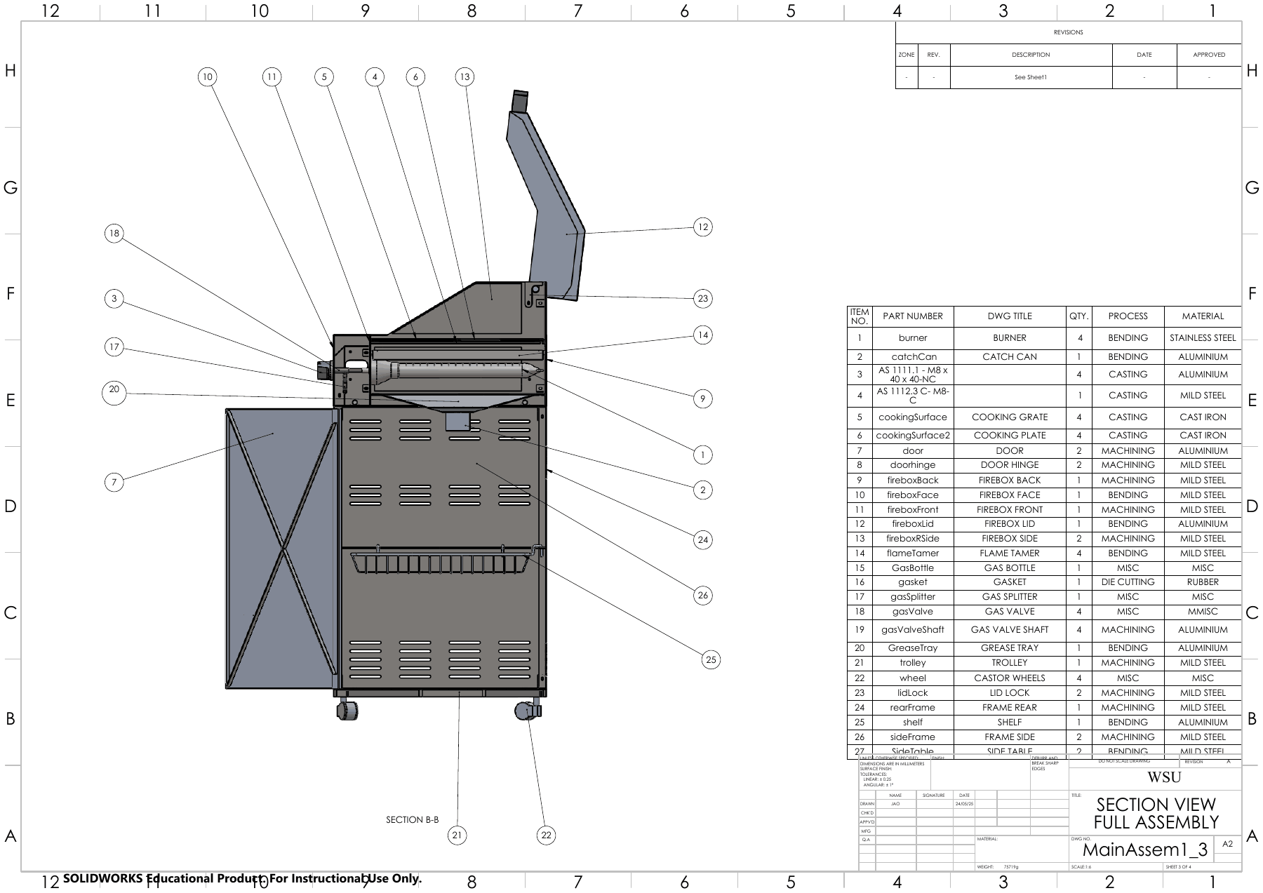 Drawing sheet: section view of the full assembly with the parts list
