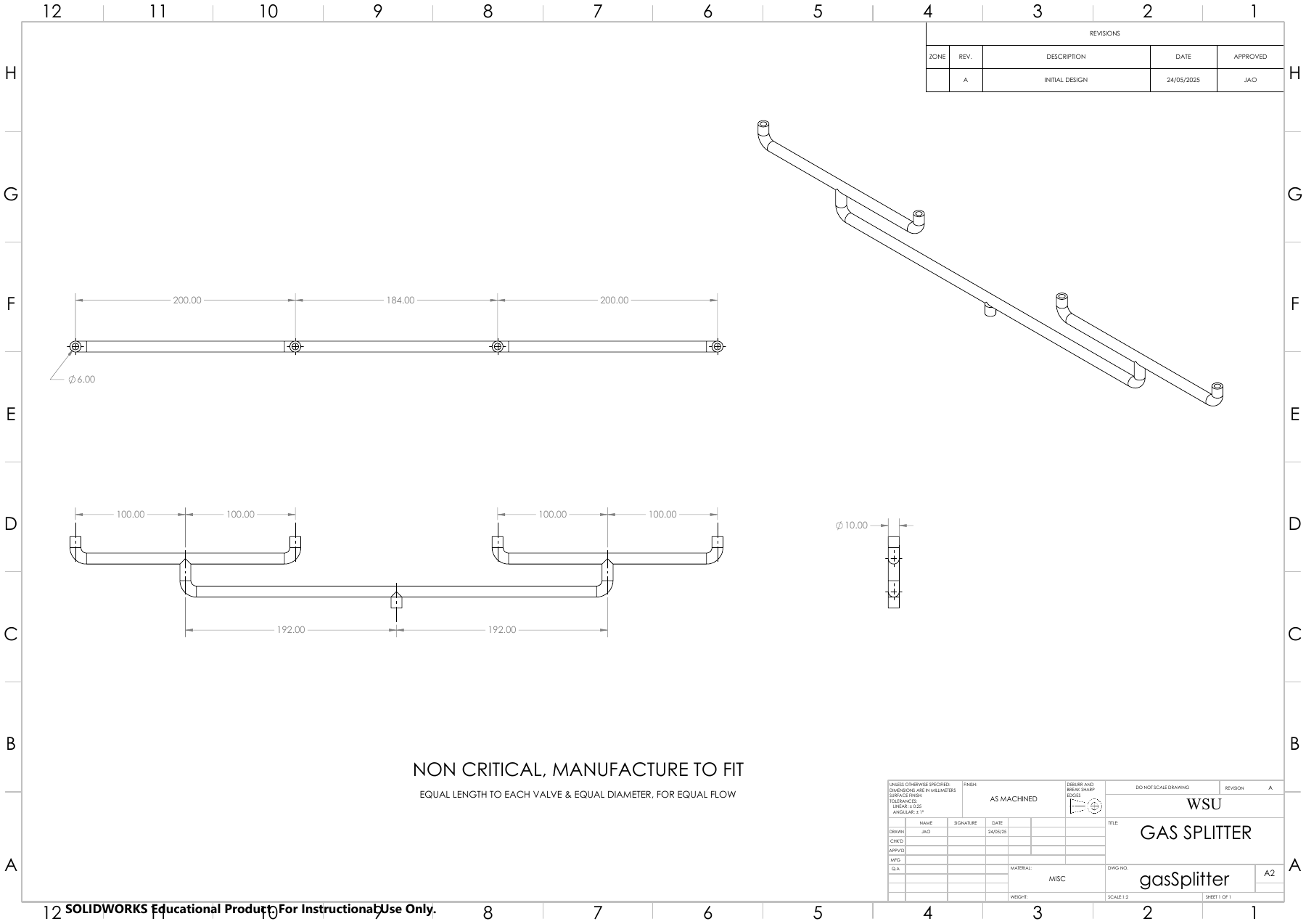 Drawing sheet: the gas splitter feeding four valves, dimensioned