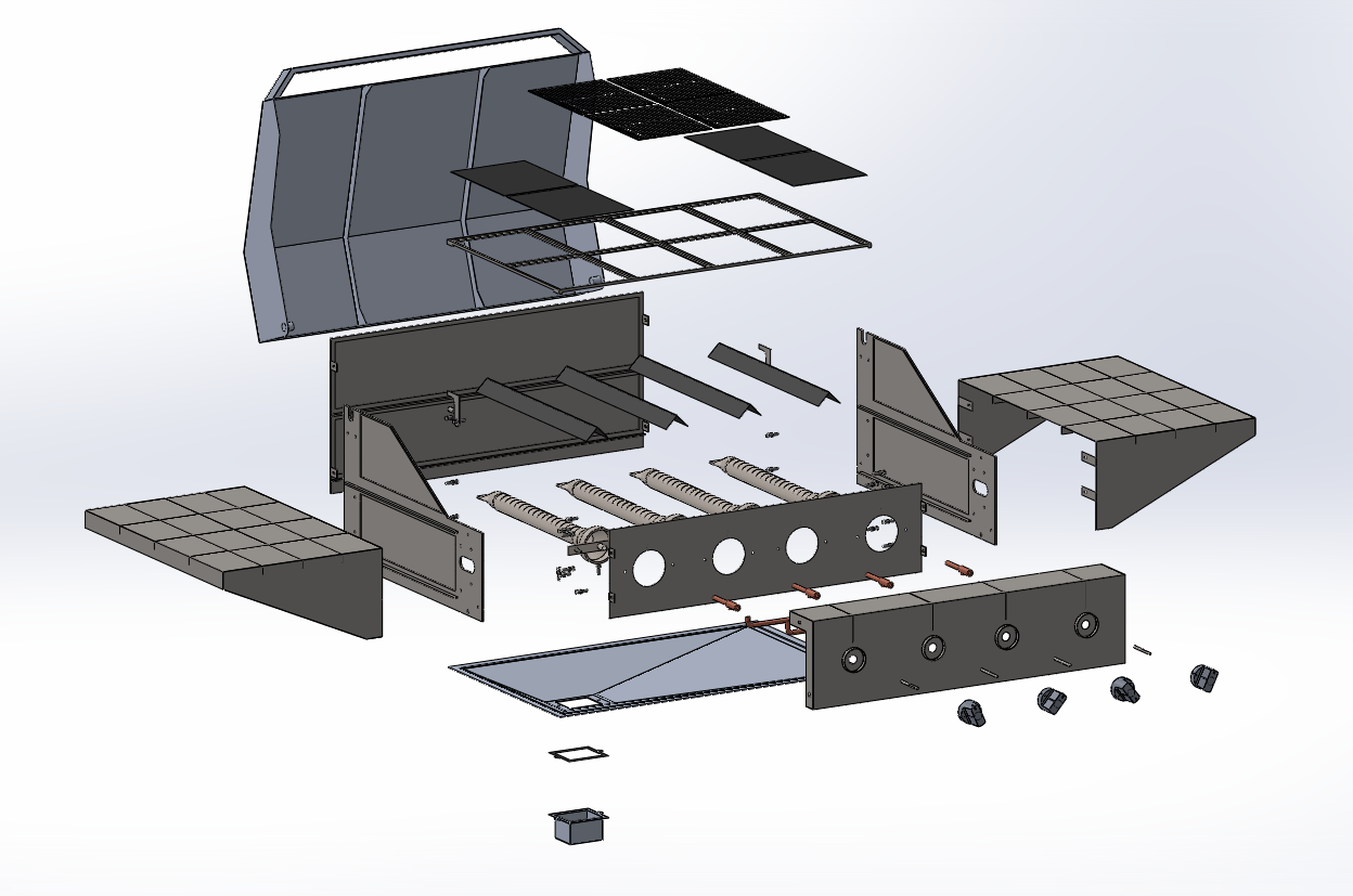 Exploded render of the upper assembly: lid, cooking pieces, frame, firebox panels, burners, valves, knobs, side tables