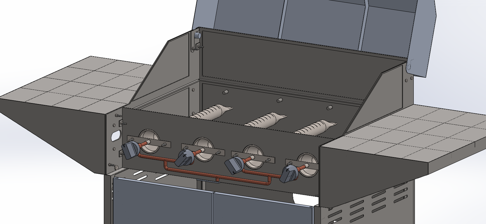 The BBQ with its lid up, looking into the firebox at four burners, the valves and the copper gas rail