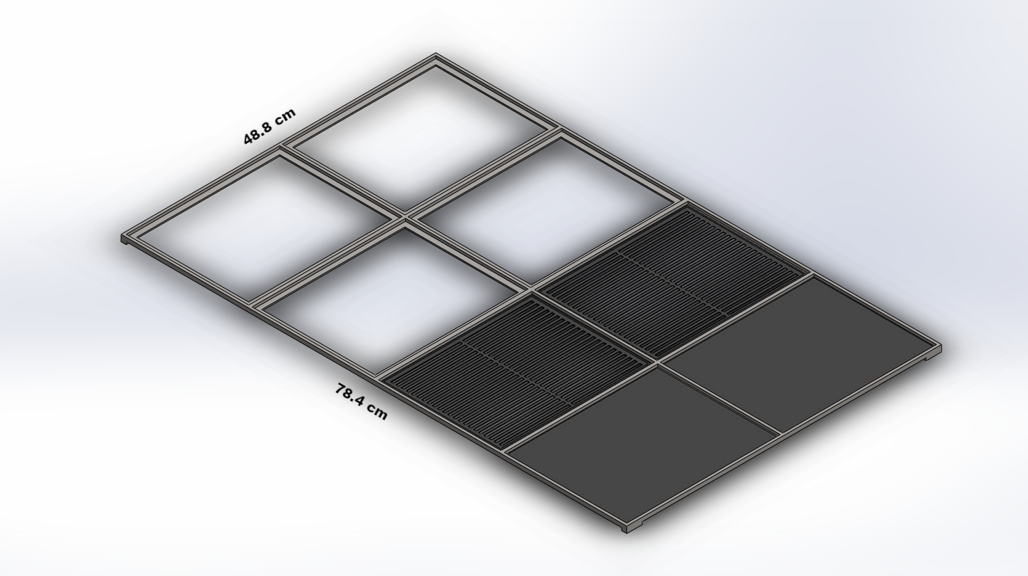 The cooking frame with four pieces in place and four bays empty, dimensioned 78.4 by 48.8 cm
