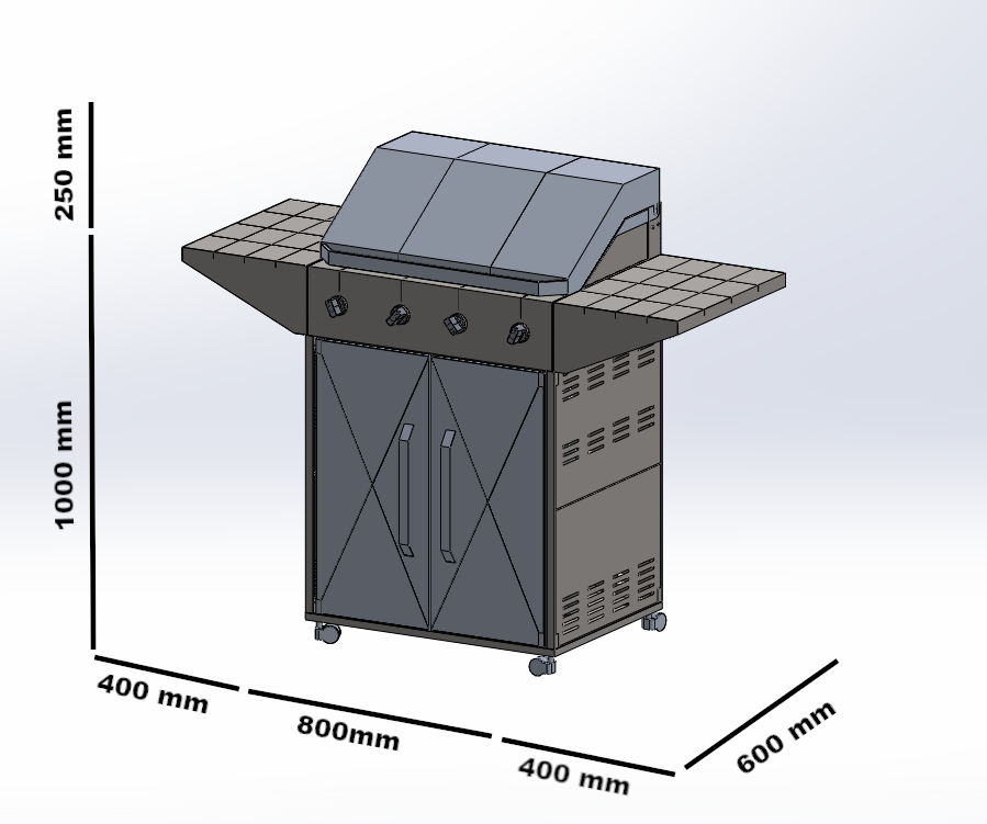 The whole BBQ with overall dimensions marked