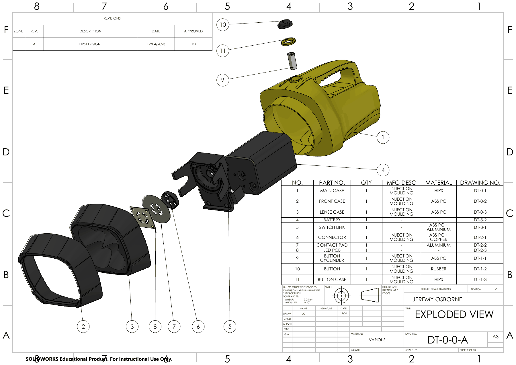Drawing sheet: exploded view of the Dolphin torch with an 11-item bill of materials