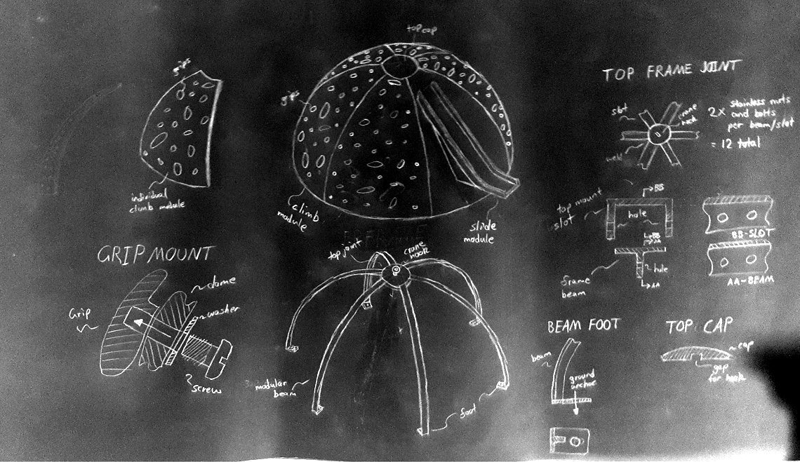 Hand sketch of the climbing dome and slide with frame joint details