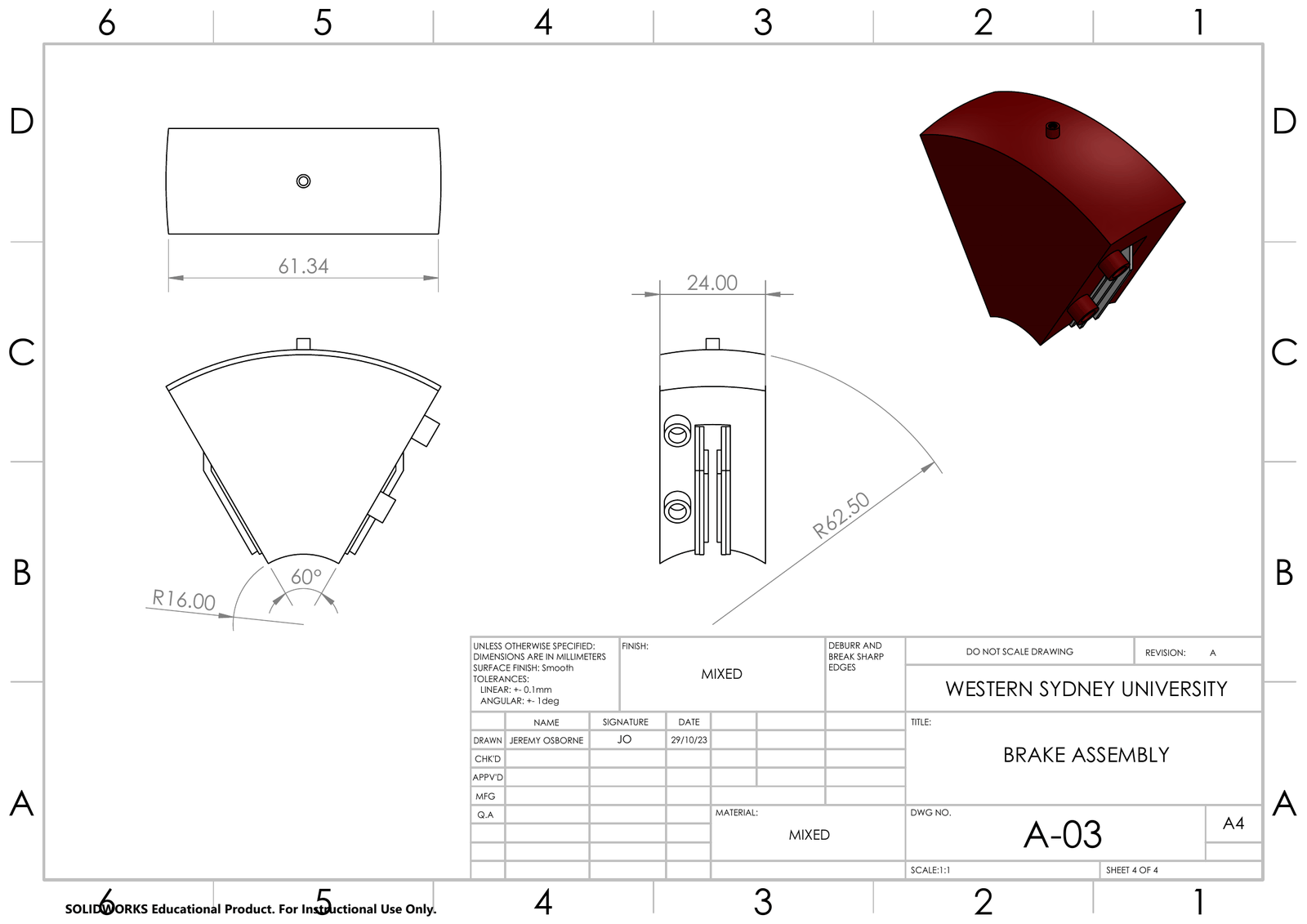 Brake caliper sub-assembly drawing with a red render