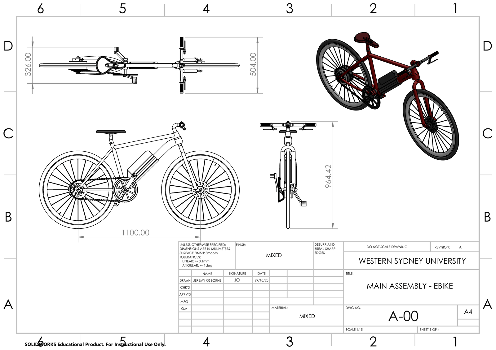 E-bike main assembly drawing with top, side and front views
