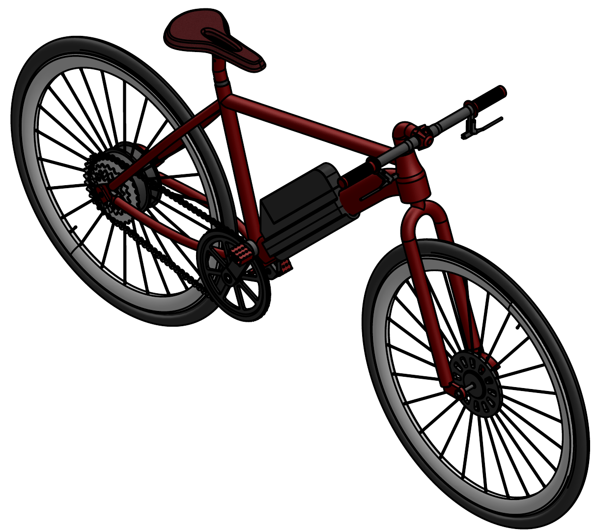 Shaded render of the e-bike: red frame, battery on the down tube, rear hub motor and disc brake