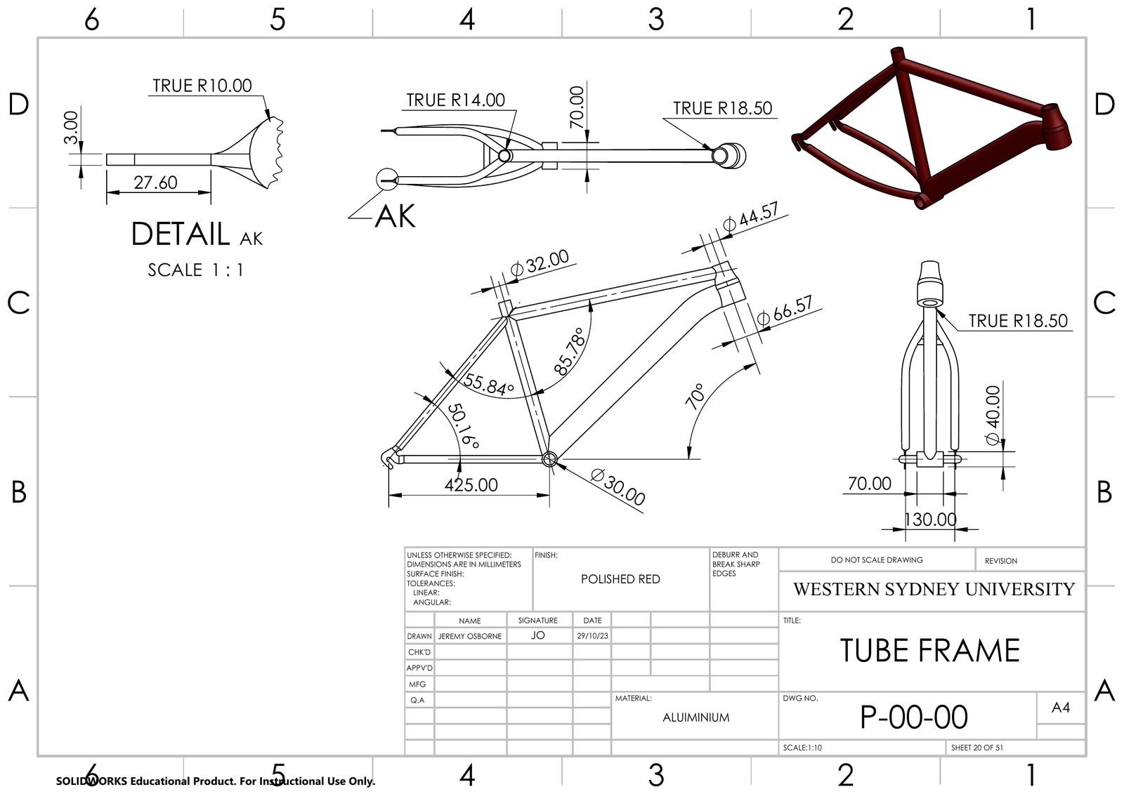 Tube frame part drawing with tube angles, lengths and diameters