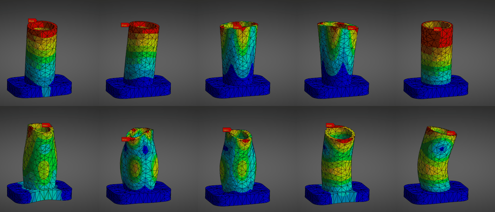 Ten pre-stressed mode shapes of a post on its base