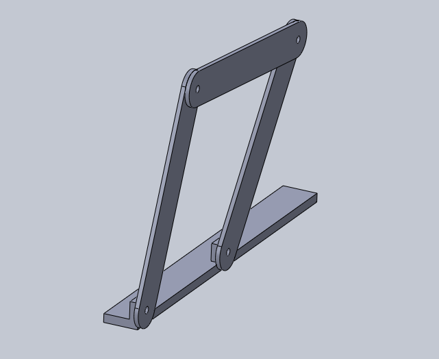 SolidWorks render of the assembled four-bar linkage on its base