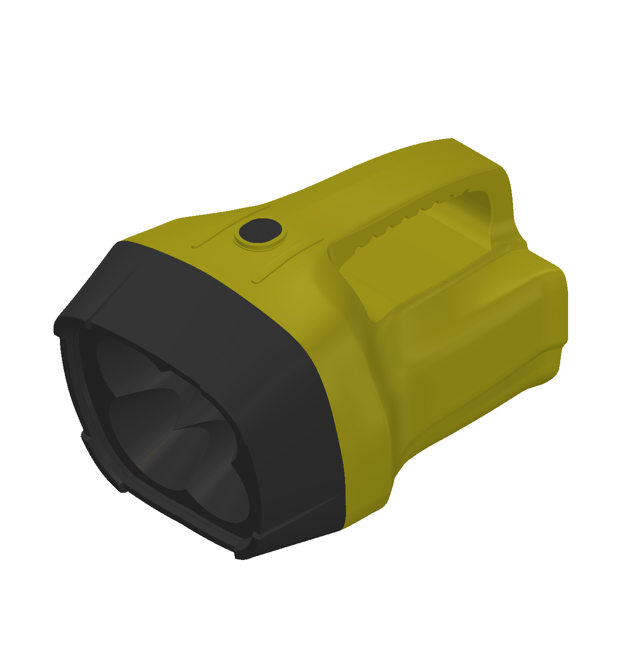 Shaded SolidWorks isometric of the yellow and black Dolphin torch