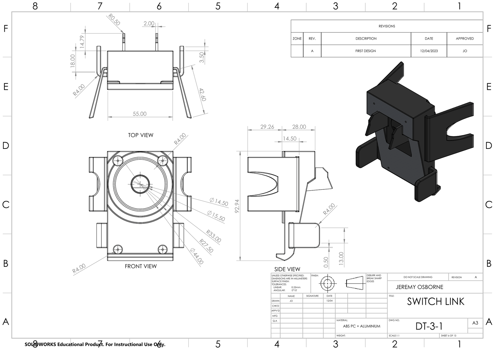 A3 part sheet for the torch's switch link, fully dimensioned with a render