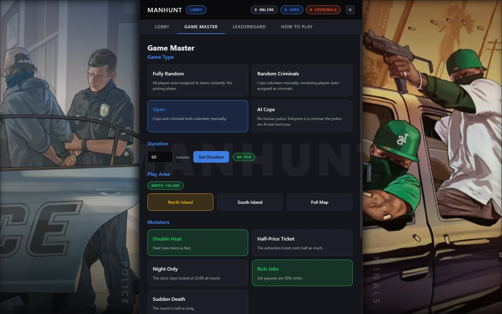 Manhunt lobby with the Game Master tab open: game type, duration, play area and mutator toggles