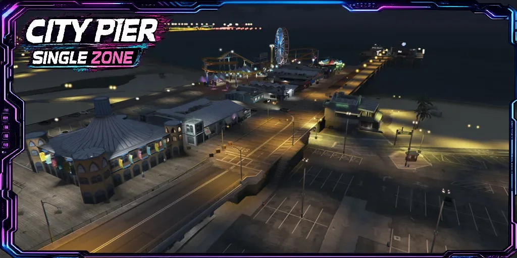 KOTH map-vote card for City Pier, a night aerial view of the pier in GTA V