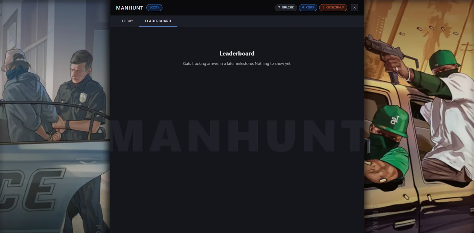 The Manhunt lobby panel with lobby and leaderboard tabs, over GTA V's loading-screen art