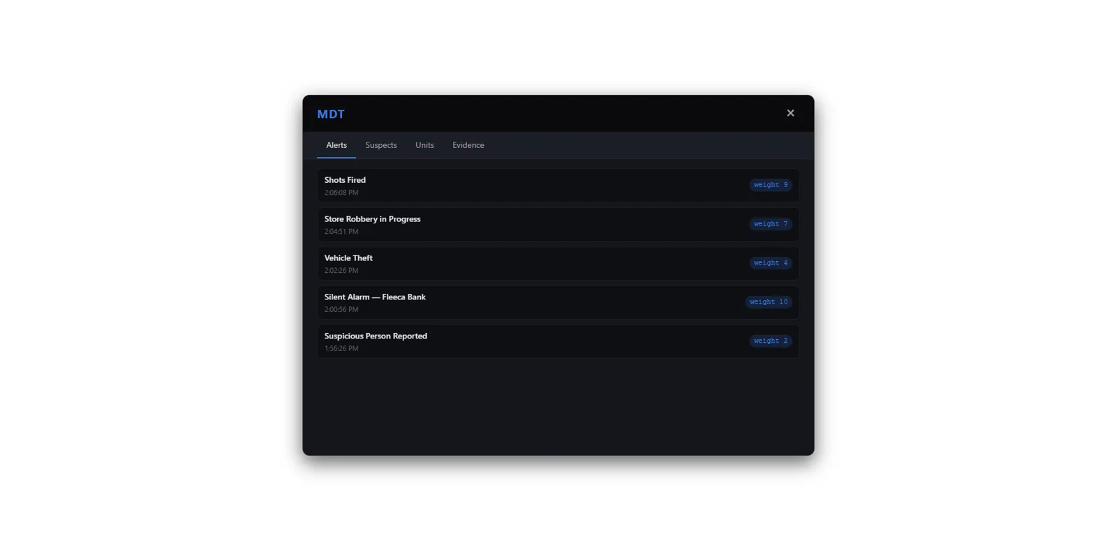 The police computer's alerts tab listing dispatch alerts with priority tags