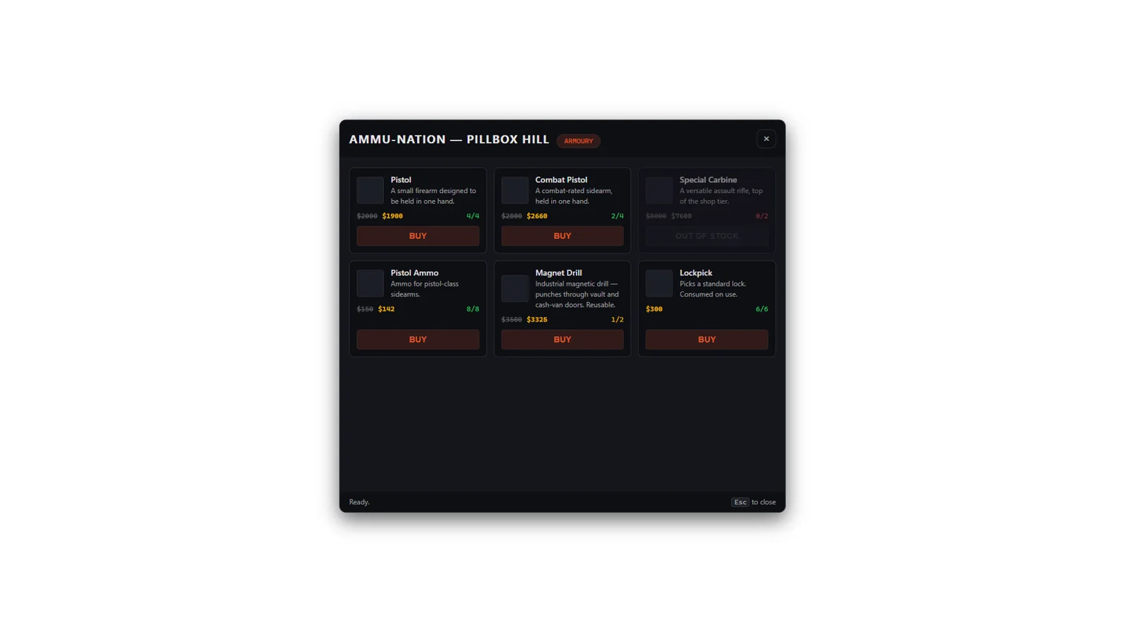 A weapon shop panel with item cards and prices