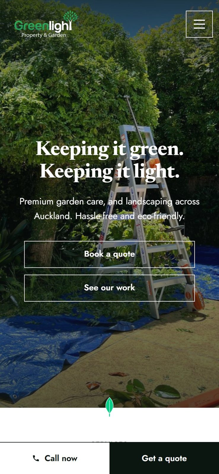 The Greenlight home page on a phone, with call and quote buttons pinned to the bottom