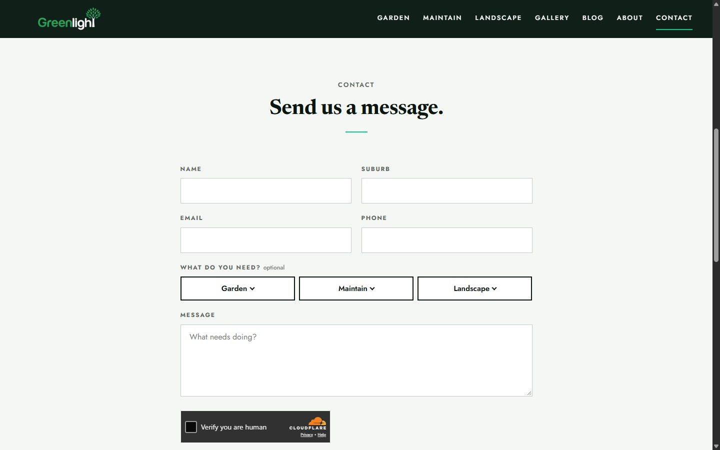 The Greenlight quote form: name, suburb, email, phone, service pickers and a message box