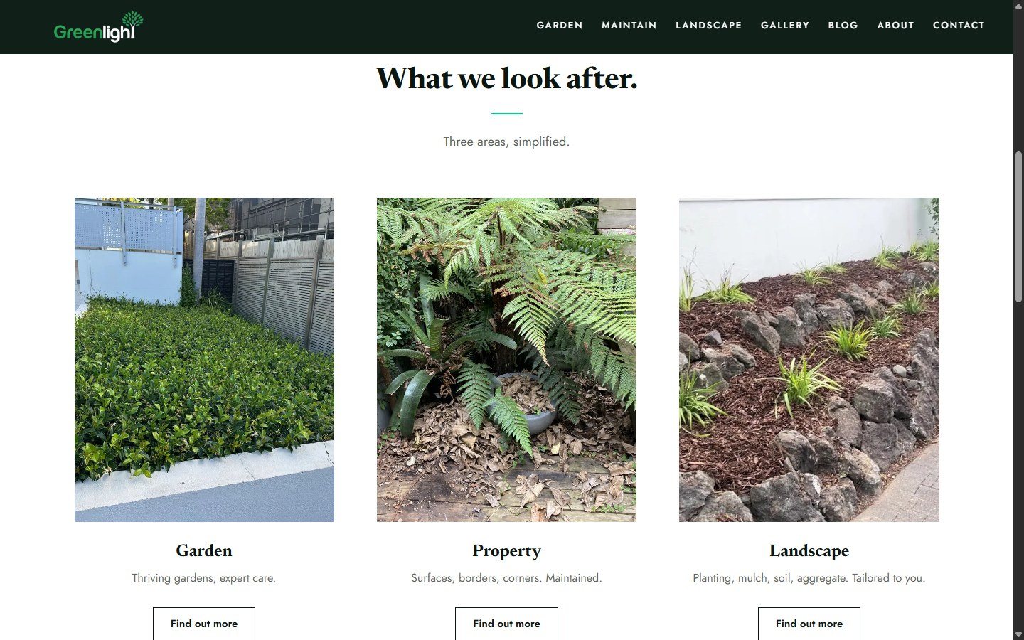 The Greenlight home page's services section: garden, property and landscape, each with a photo
