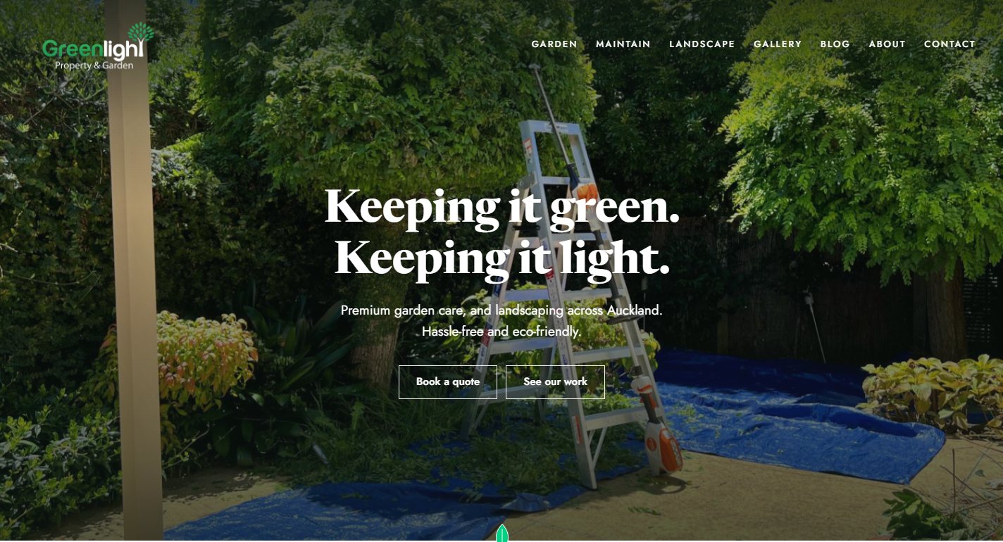 The live Greenlight Property and Garden homepage: garden photography behind the line Keeping it green, Keeping it light