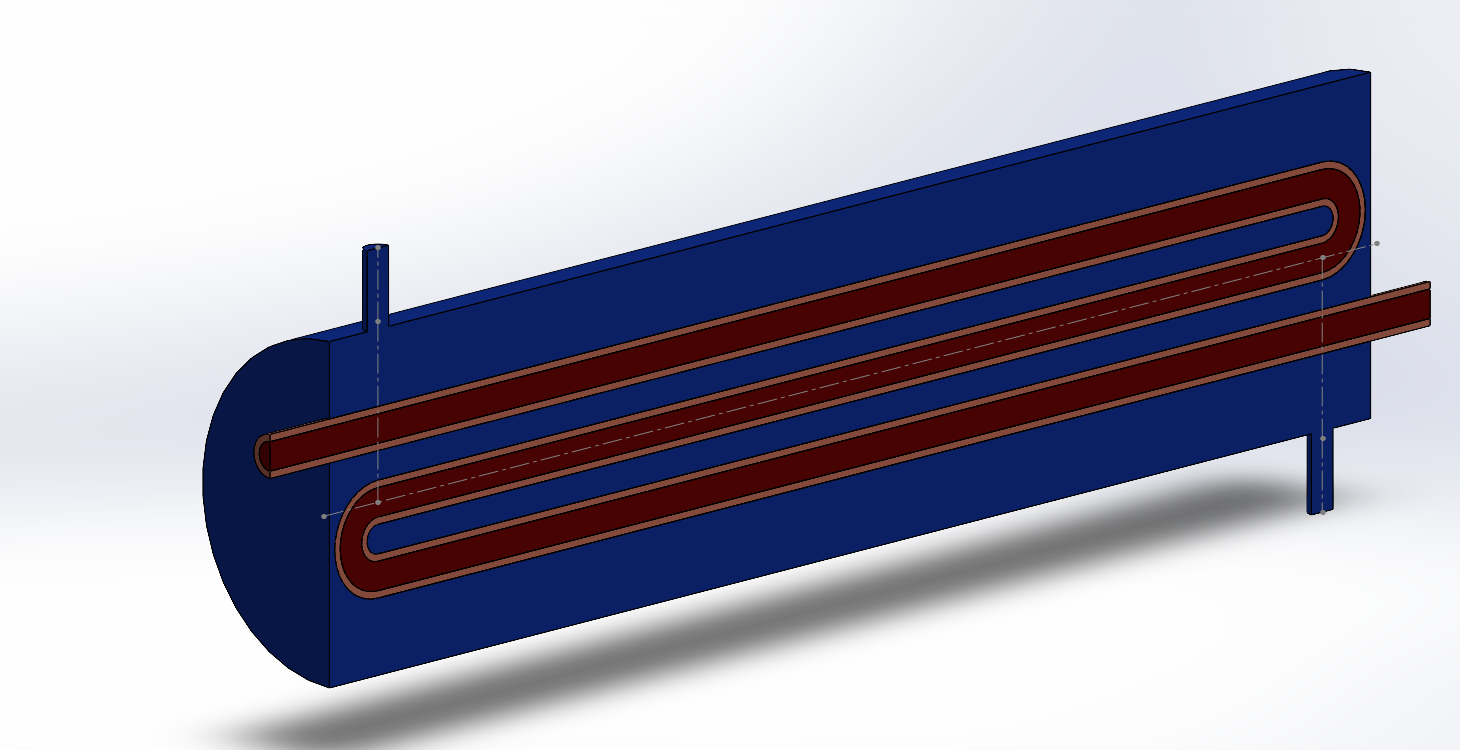Half-section SolidWorks model of the multi-bend heat exchanger: blue shell, copper tube looping the length of it