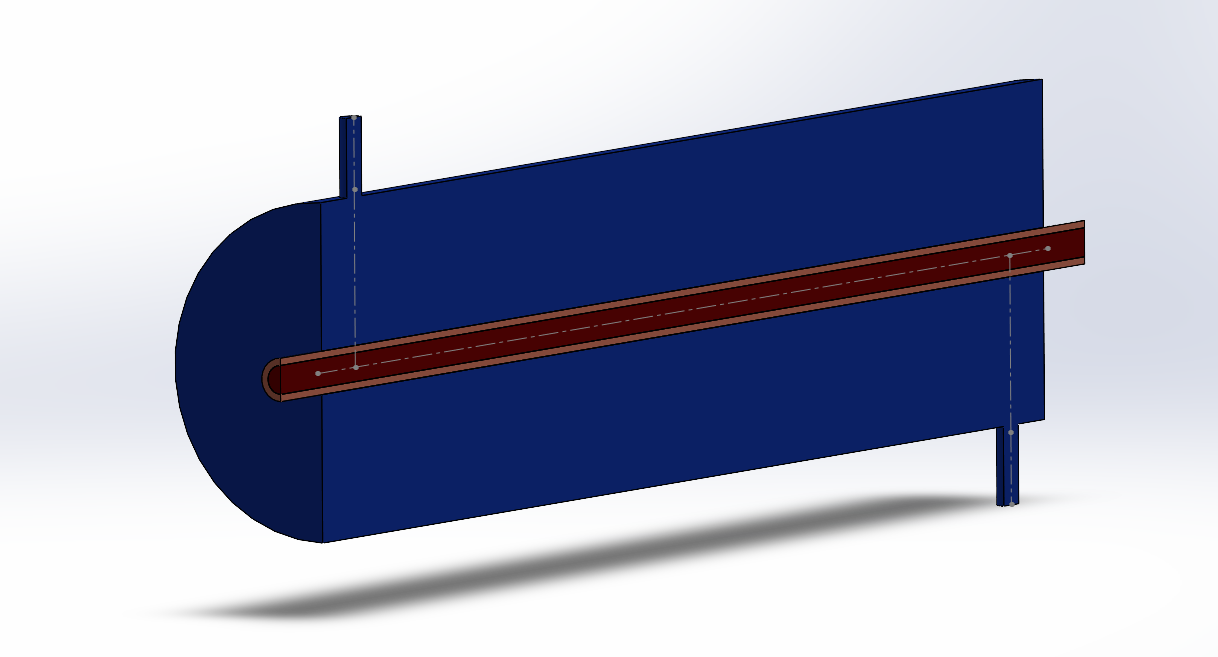 Half-section SolidWorks model of the straight-tube heat exchanger: blue shell, one copper tube running diagonally through it