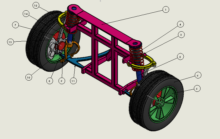 Ballooned SolidWorks assembly of the full front suspension with both wheels
