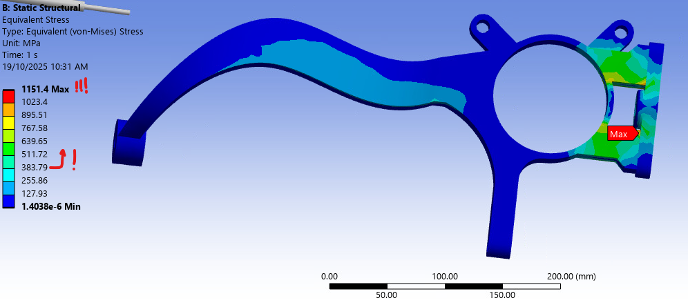 Von Mises stress on the knuckle, peak at the contact with the lower knuckle
