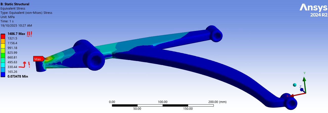 Von Mises stress on the lower control arm, peak at the transition to the knuckle joint