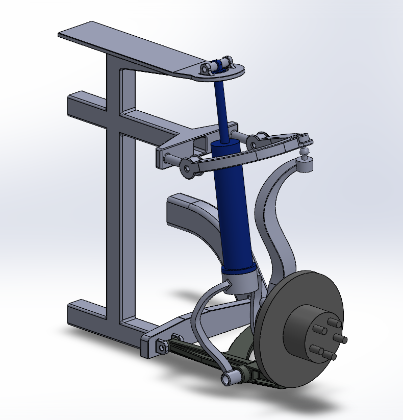 SolidWorks render of one side of the suspension: frame, strut, control arms, knuckle and rotor
