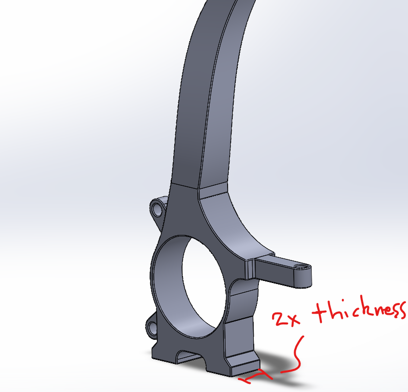 Annotated redesign of the knuckle with doubled thickness at the base