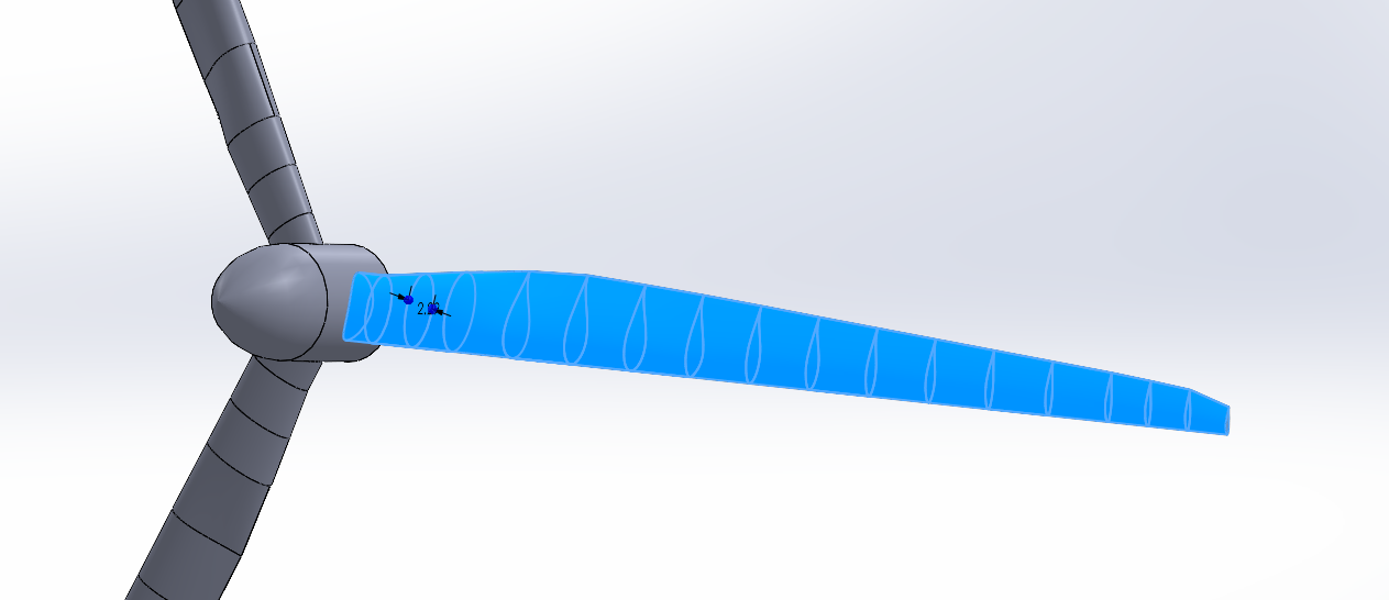 One blade highlighted with its aerofoil sections along the span