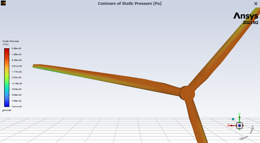 Static pressure contours on the rear face of the Design 3 rotor at 10 m/s