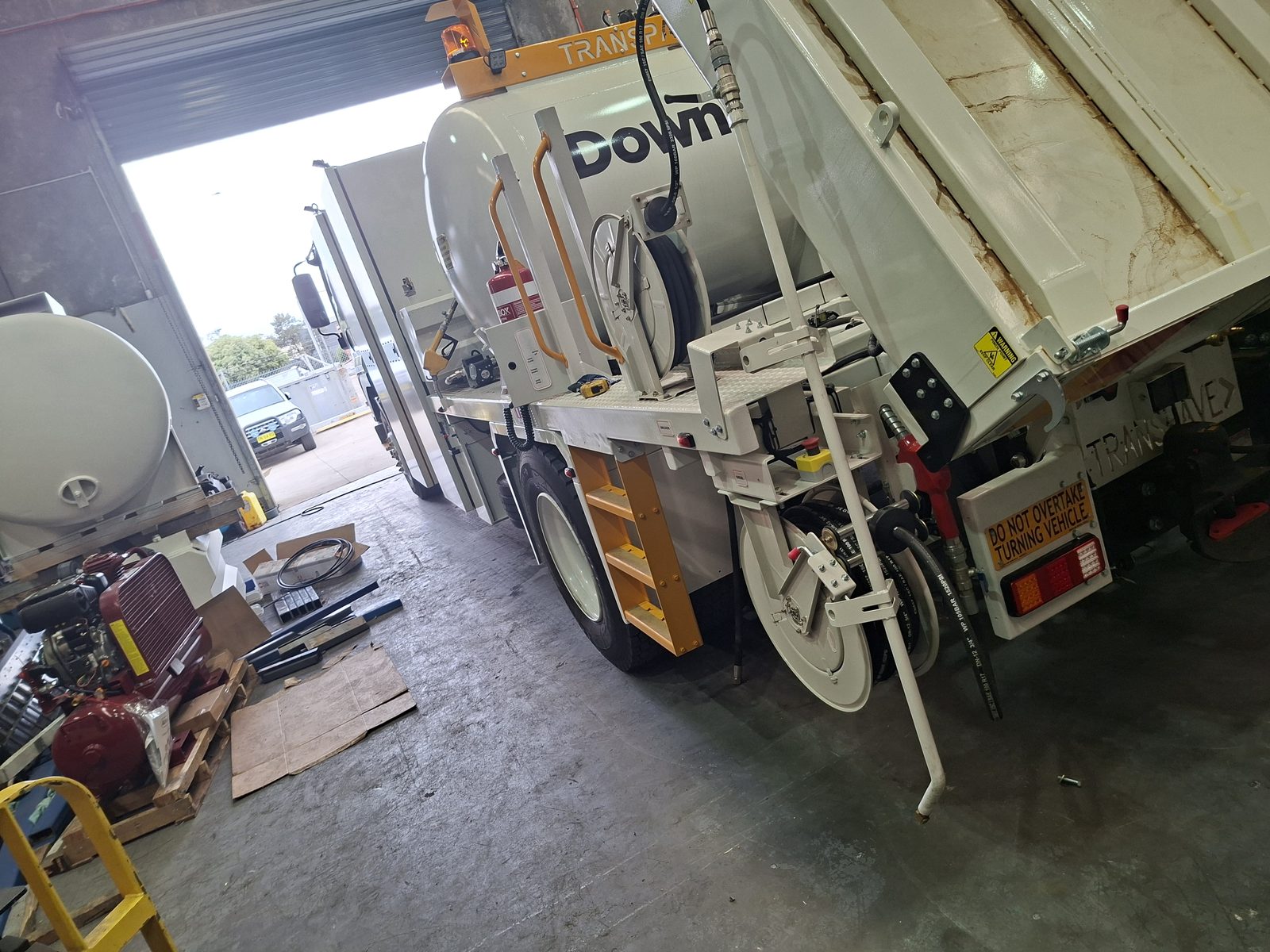 A finished Transpave truck back in the workshop for repairs