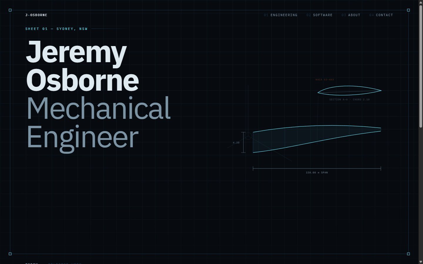 An early concept for the home page: the name on a dark blueprint grid beside a dimensioned blade drawing