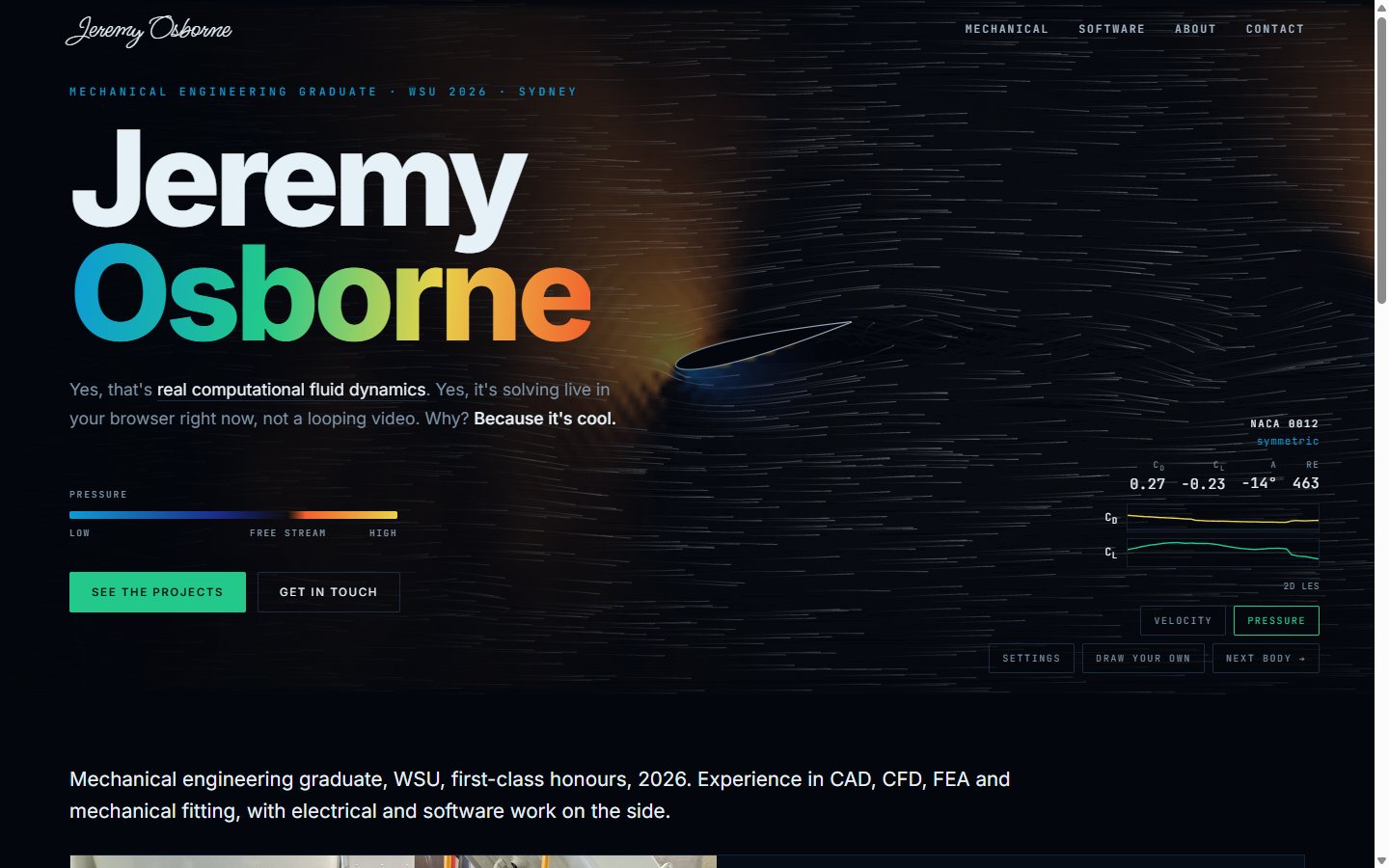 The home page in pressure view: orange high pressure at the aerofoil's nose over a dark free stream