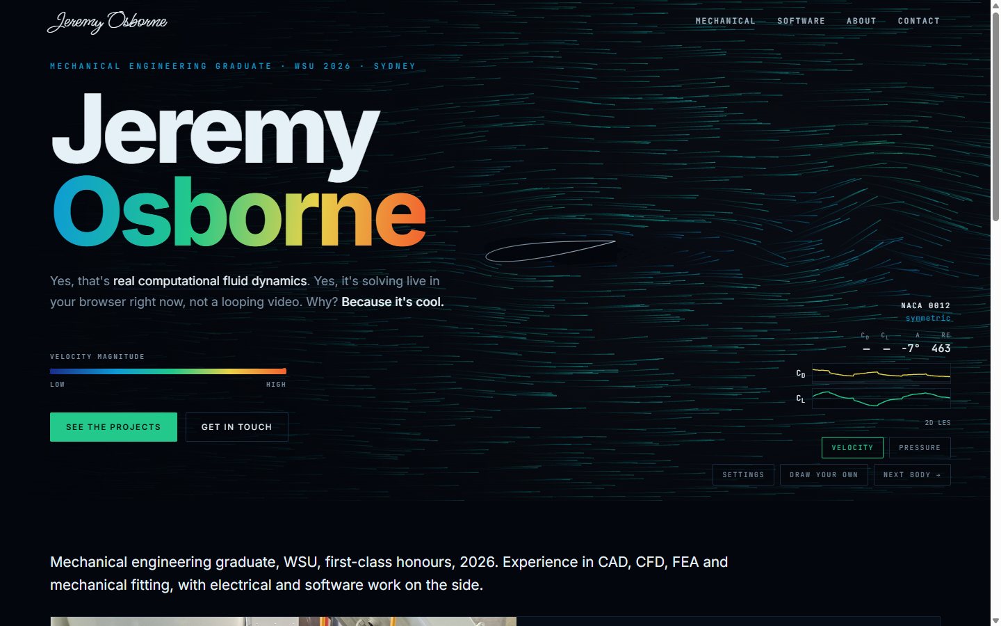 The finished home page with pathlines flowing past an aerofoil and live drag and lift readouts